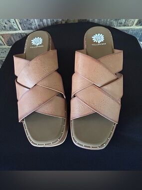 Yellow Box Women's Tan Crisscross Slide Sandals with Stud Trim